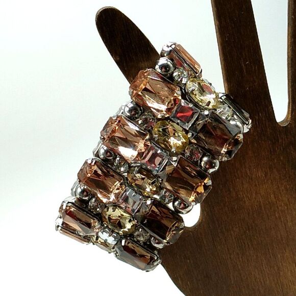 Crystal Rhinestone Stretch Bracelet Wide Amber Bronze Silver - Picture 5 of 10
